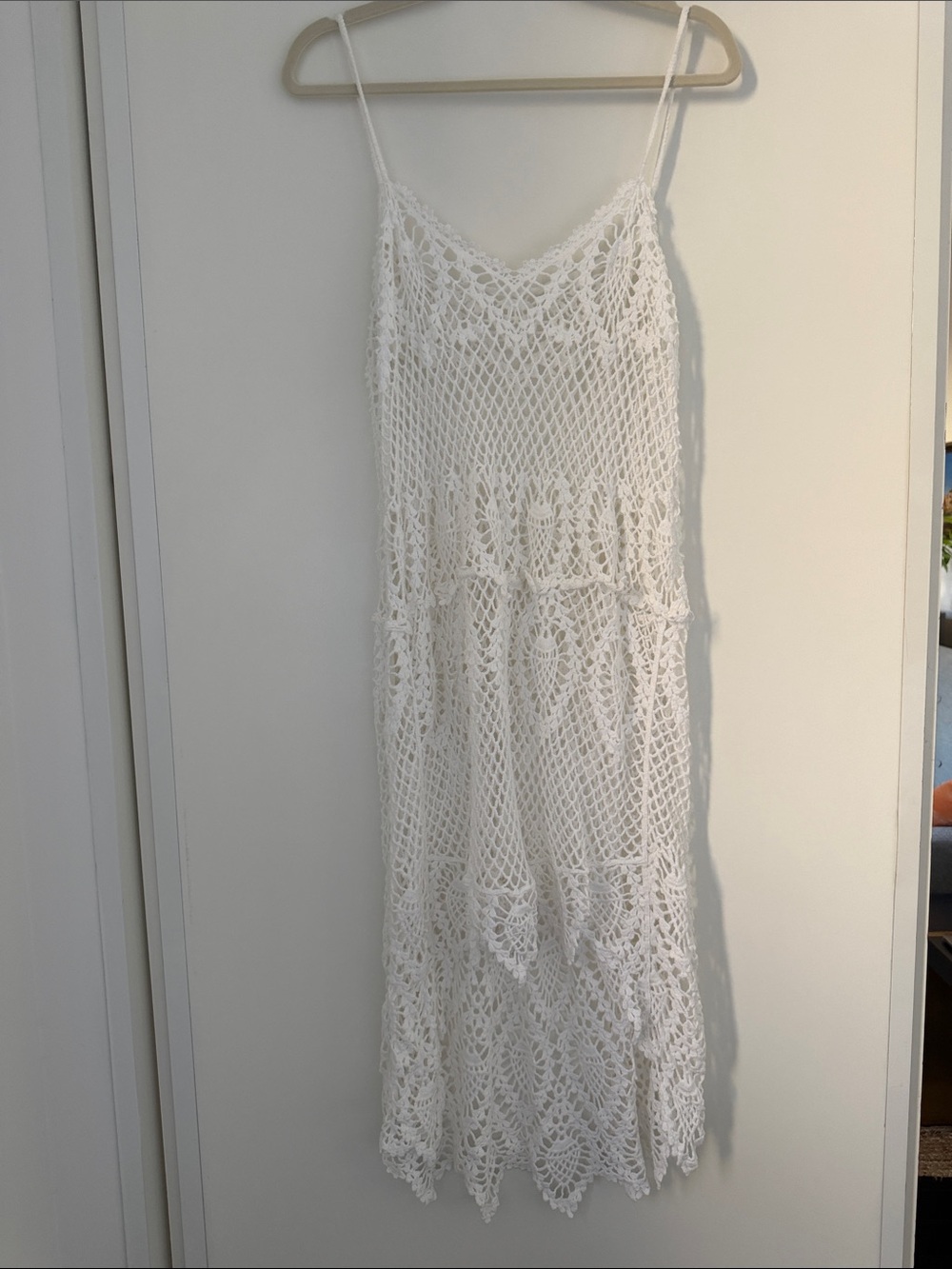 White Crochet Maxi Dress with Spaghetti Straps - Beachy Boho Style